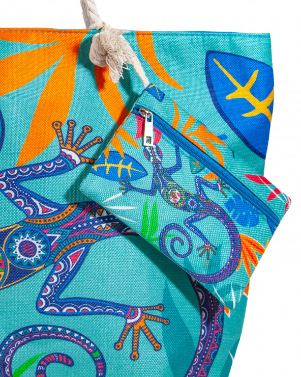 PRINTED BEACH BAG WITH PURSE LIZARD