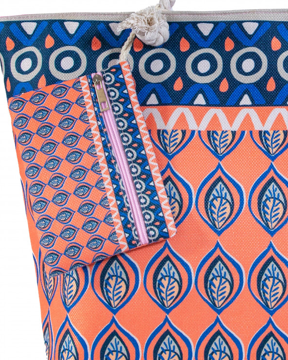 BOLSO ESTAMPADO DE PLAYA CON MONEDERO PLUMAS