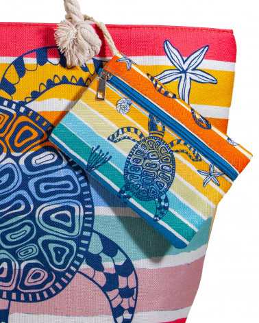 SAC DE PLAGE IMPRIMÉ AVEC PORTE-MONNAIE TORTUE À RAYURES MULTI